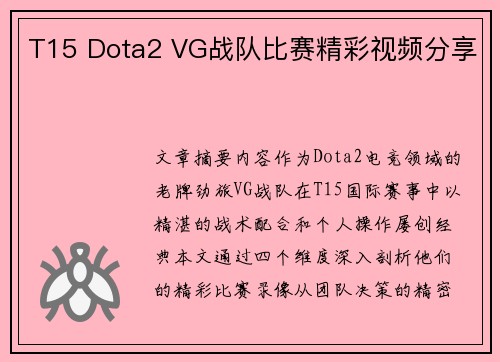 T15 Dota2 VG战队比赛精彩视频分享
