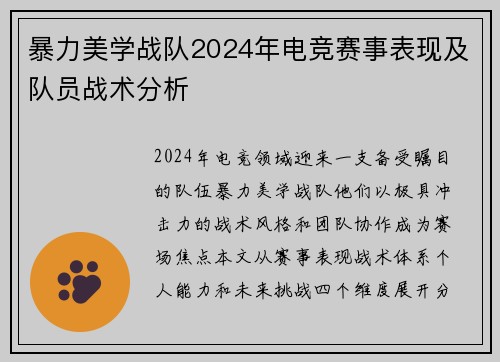 暴力美学战队2024年电竞赛事表现及队员战术分析